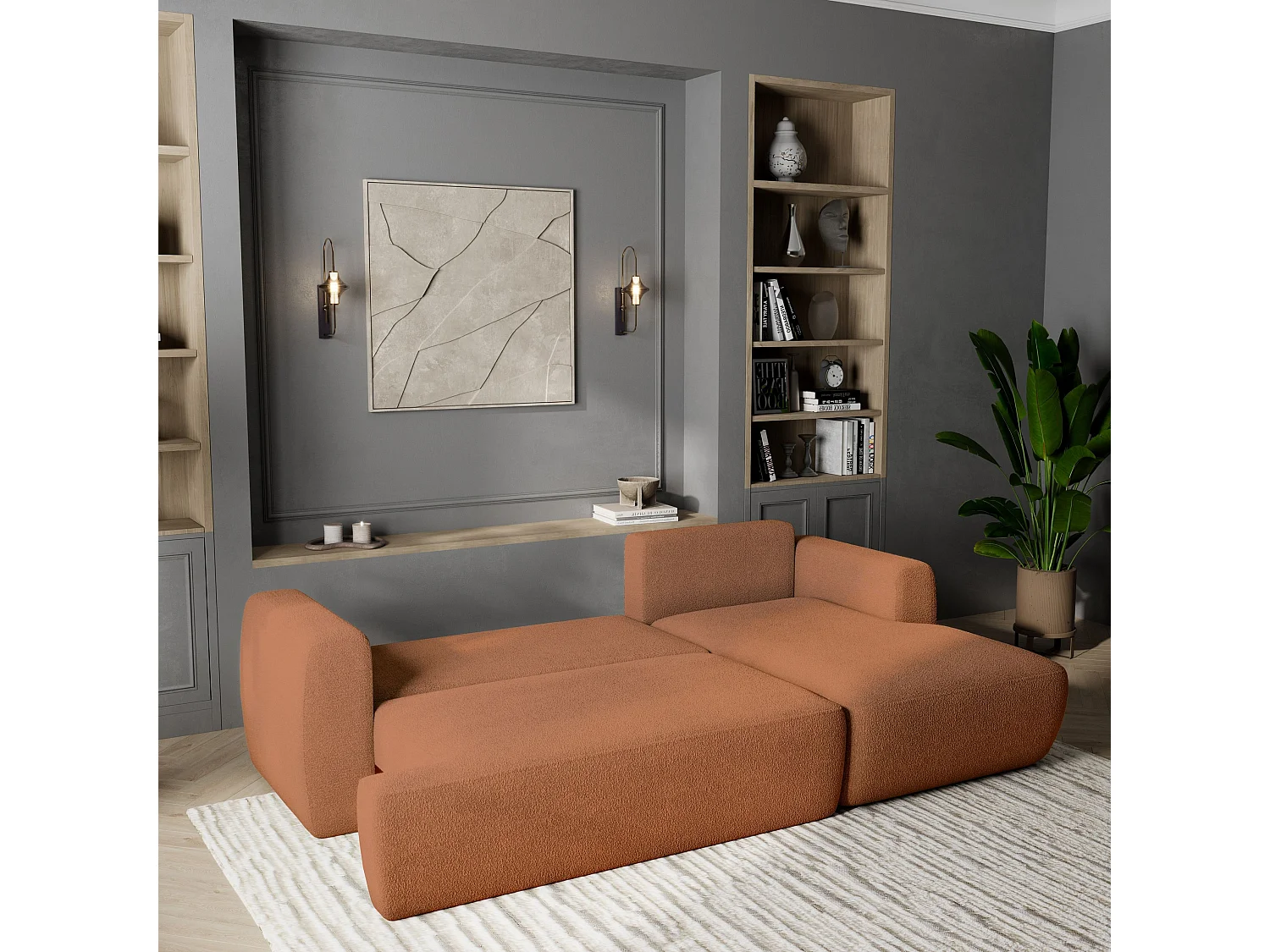 Canapé d'angle SENTI Terracotta en bouclé avec fonction de couchage