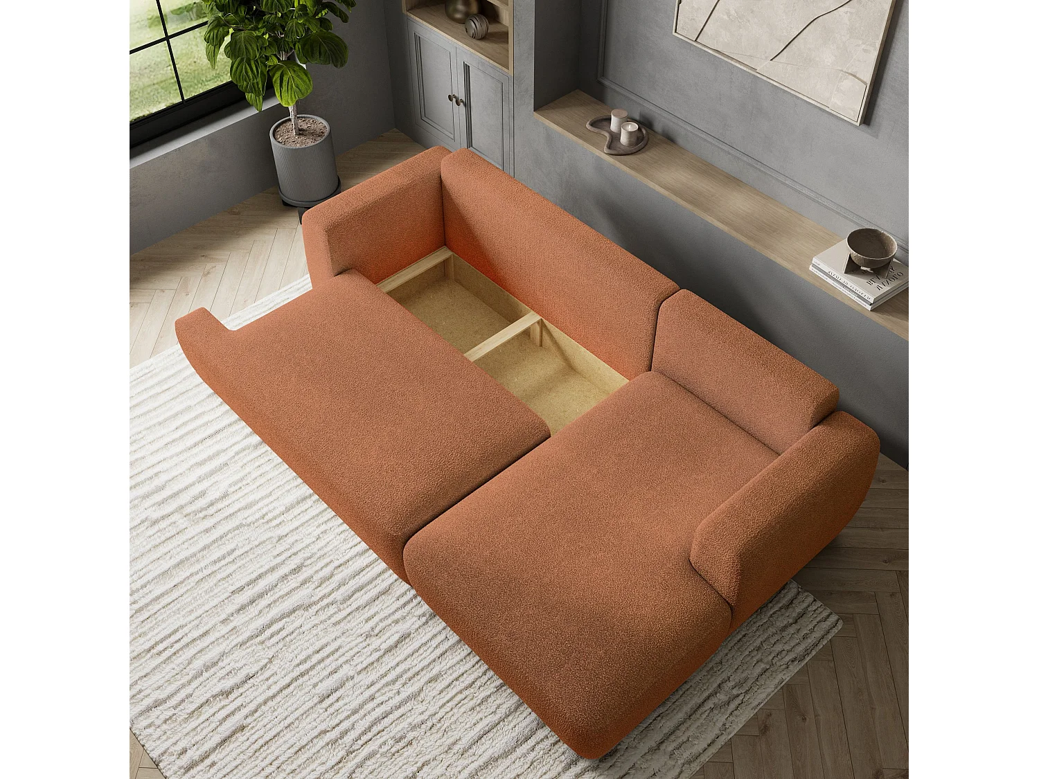 Canapé d'angle SENTI Terracotta en bouclé avec fonction de couchage