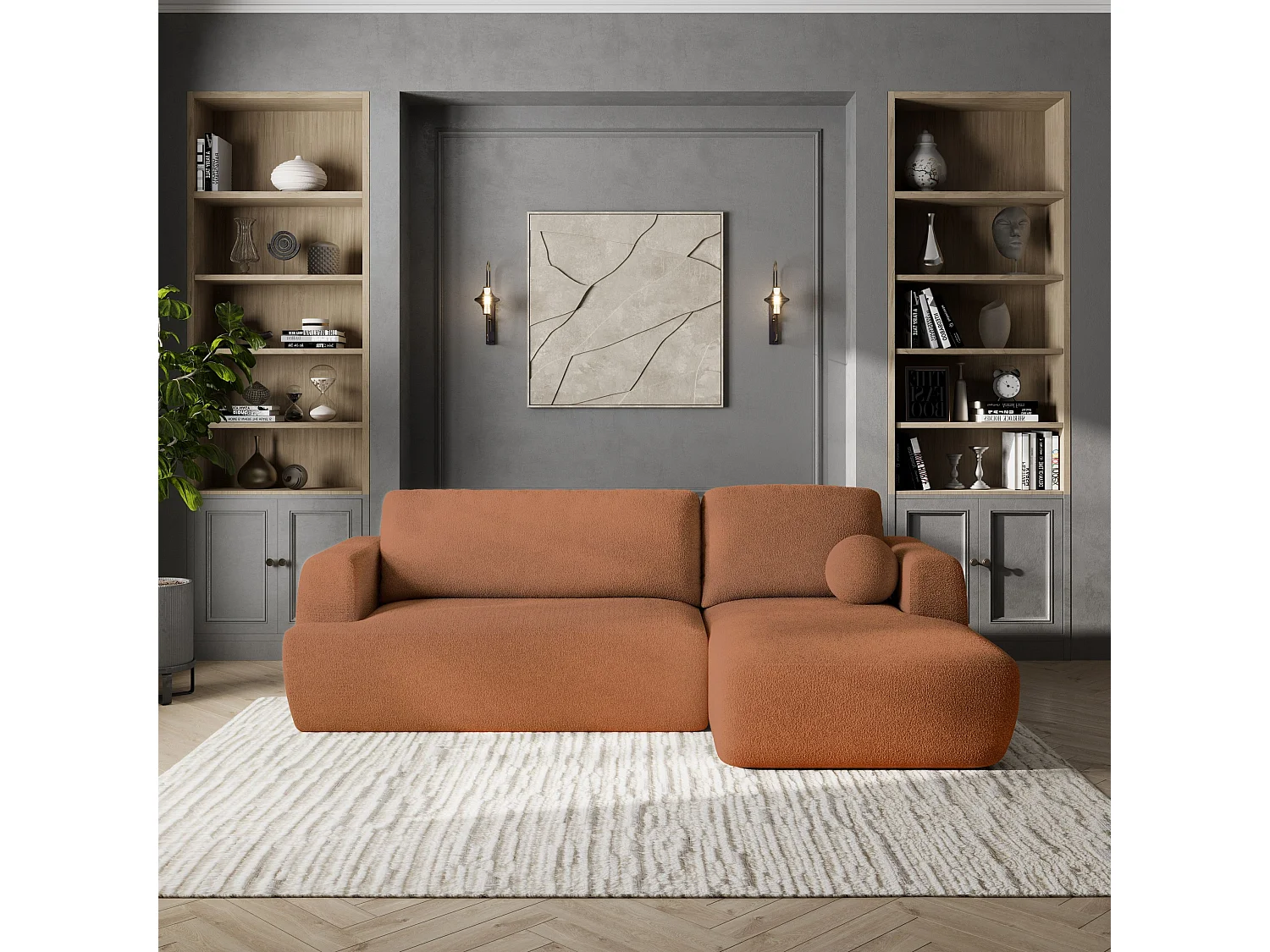 Canapé d'angle SENTI Terracotta en bouclé avec fonction de couchage