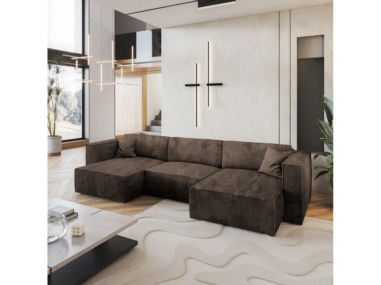 Canapé d'angle SARMO Marron en velours côtelé avec fonction de couchage