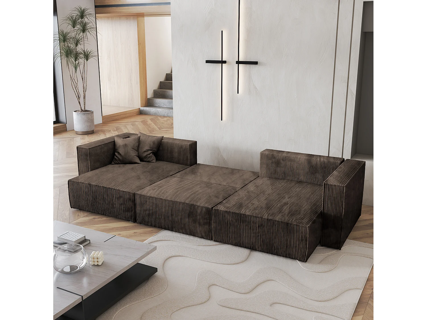 Canapé d'angle SARMO Marron en velours côtelé avec fonction de couchage
