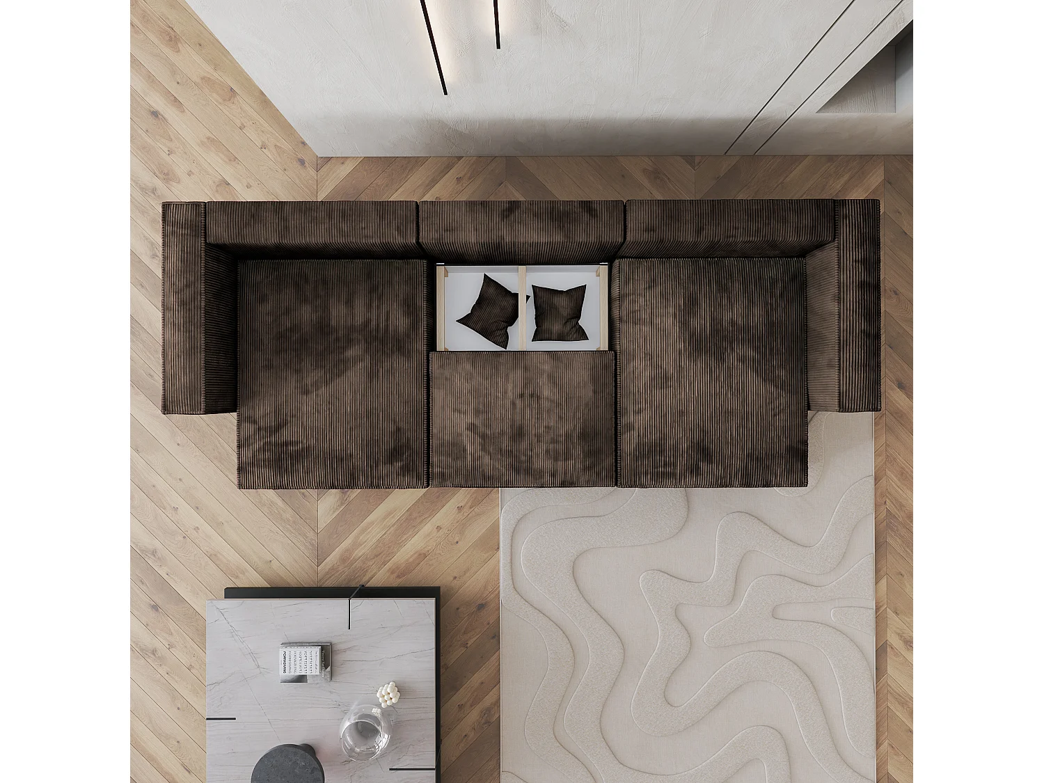 Hoekbank SARMO van fluweel met slaapfunctie Braun