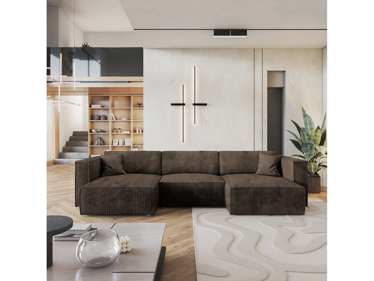 Hoekbank SARMO van fluweel met slaapfunctie Braun