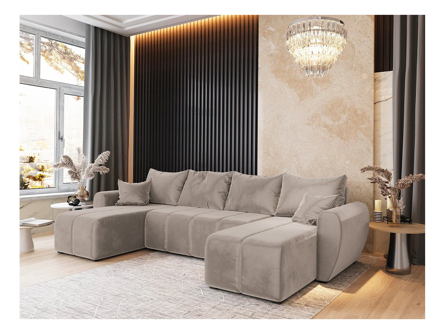 Canapé d'angle MADISON Beige en peluche avec fonction de couchage