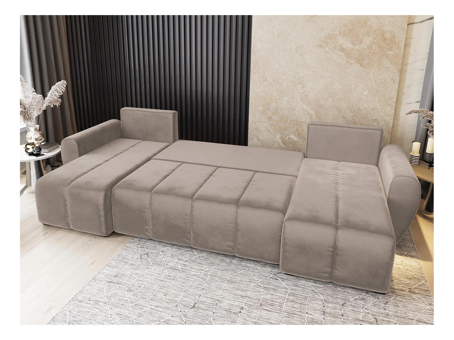 Canapé d'angle MADISON Beige en peluche avec fonction de couchage