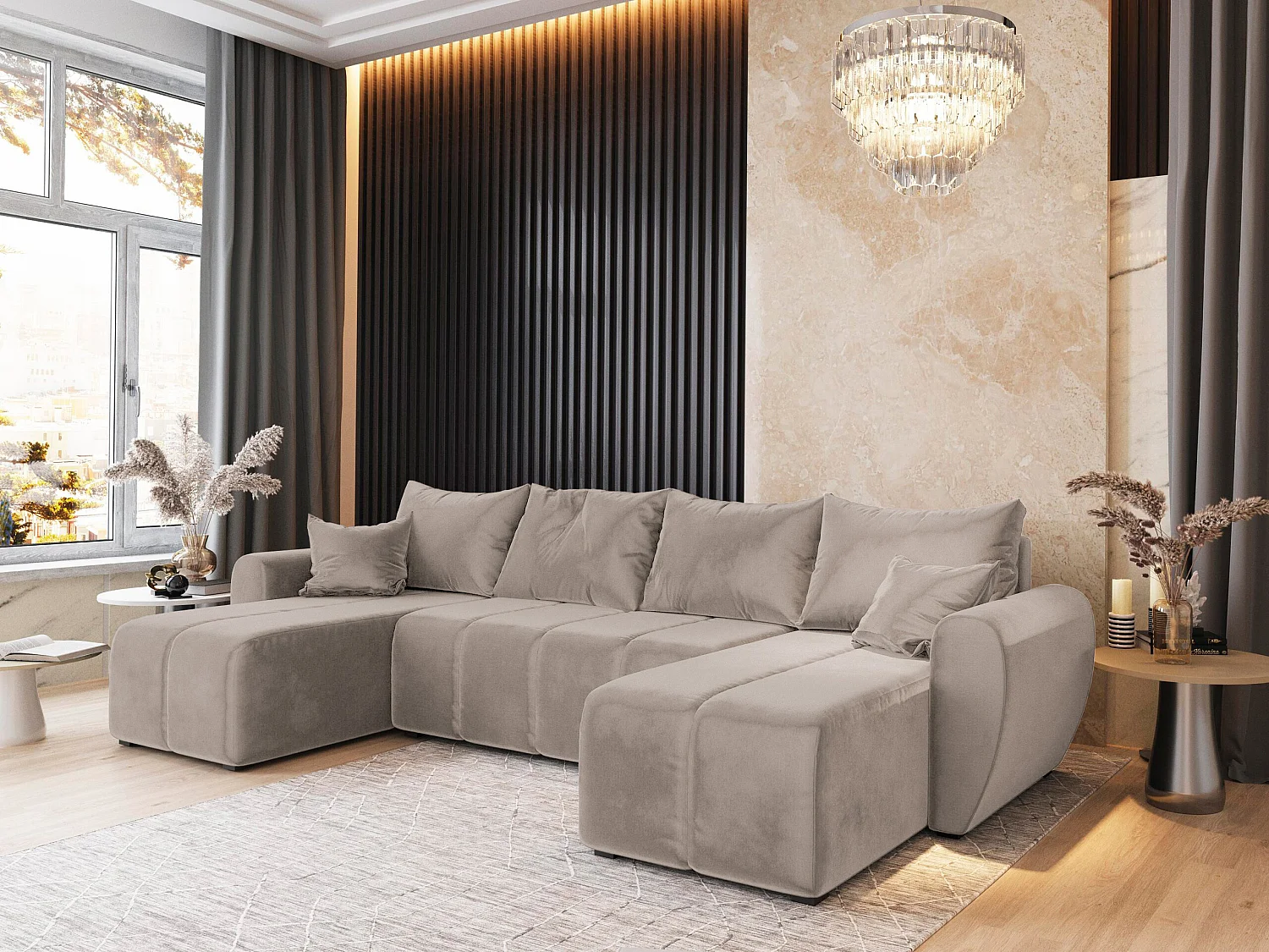 Canapé d'angle MADISON Beige en peluche avec fonction de couchage