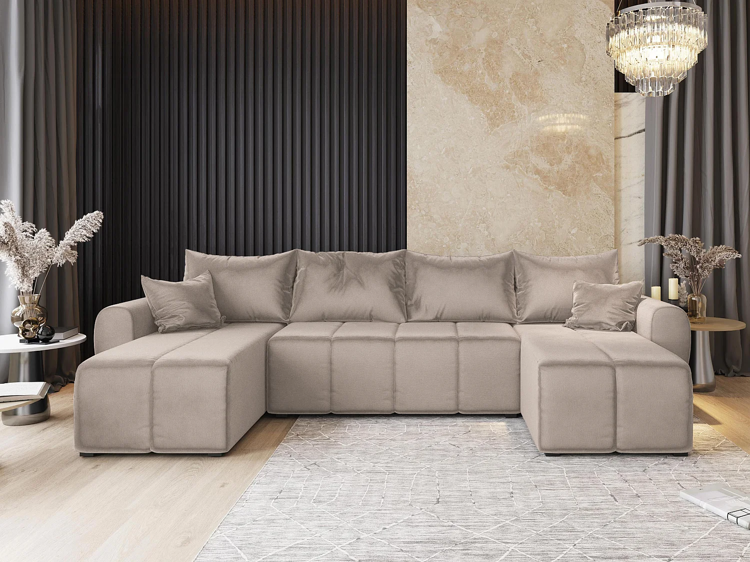 Canapé d'angle MADISON Beige en peluche avec fonction de couchage