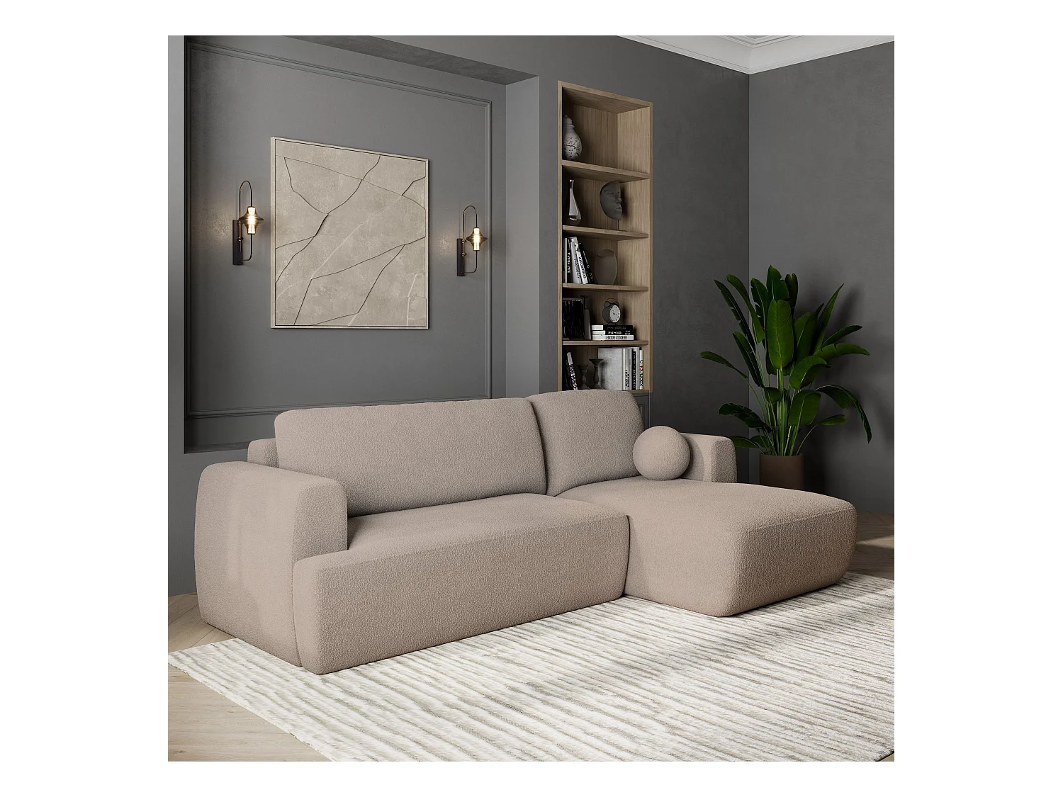 Canapé d'angle SENTI Beige en bouclé avec fonction de couchage