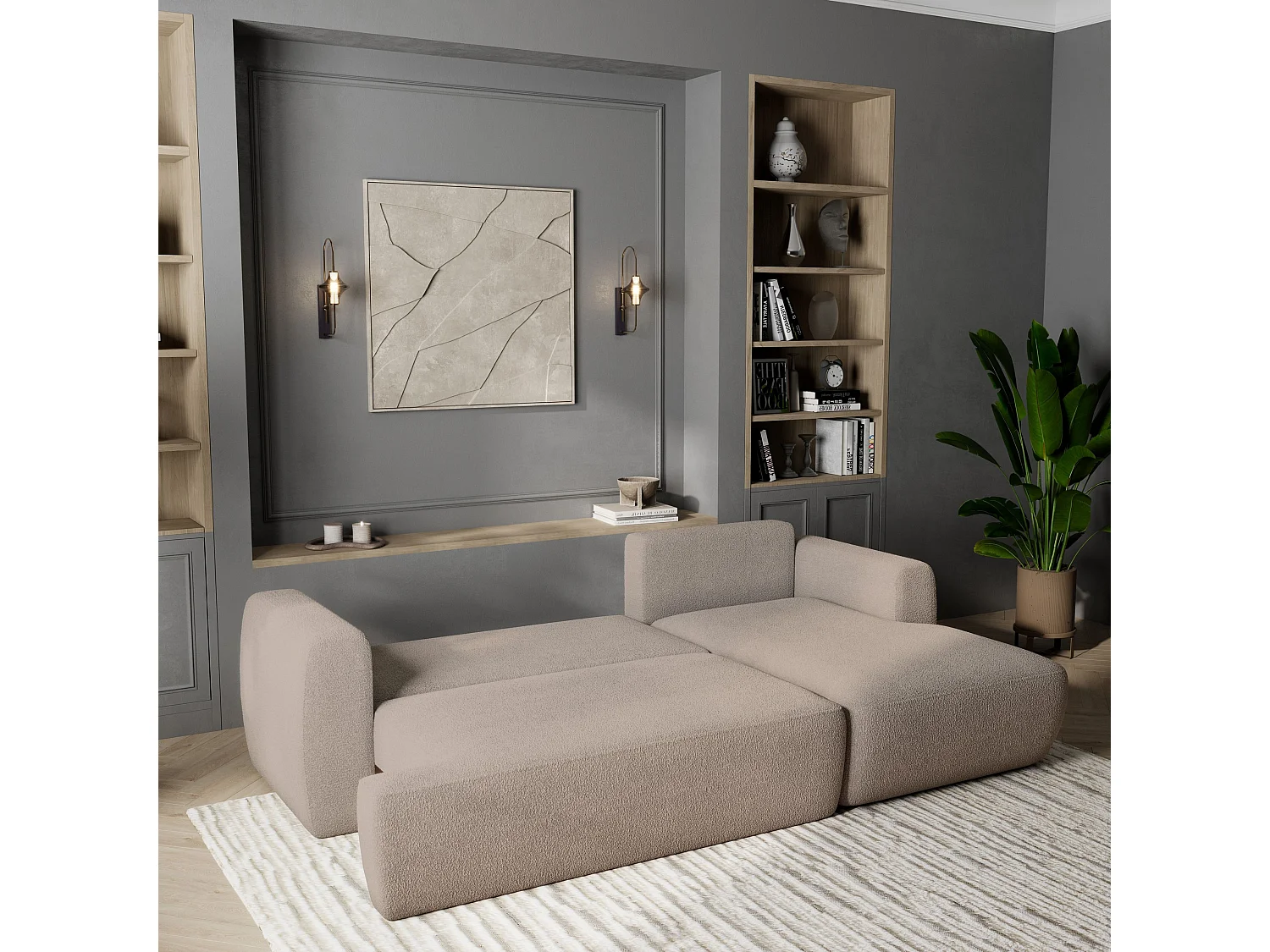 Canapé d'angle SENTI Beige en bouclé avec fonction de couchage