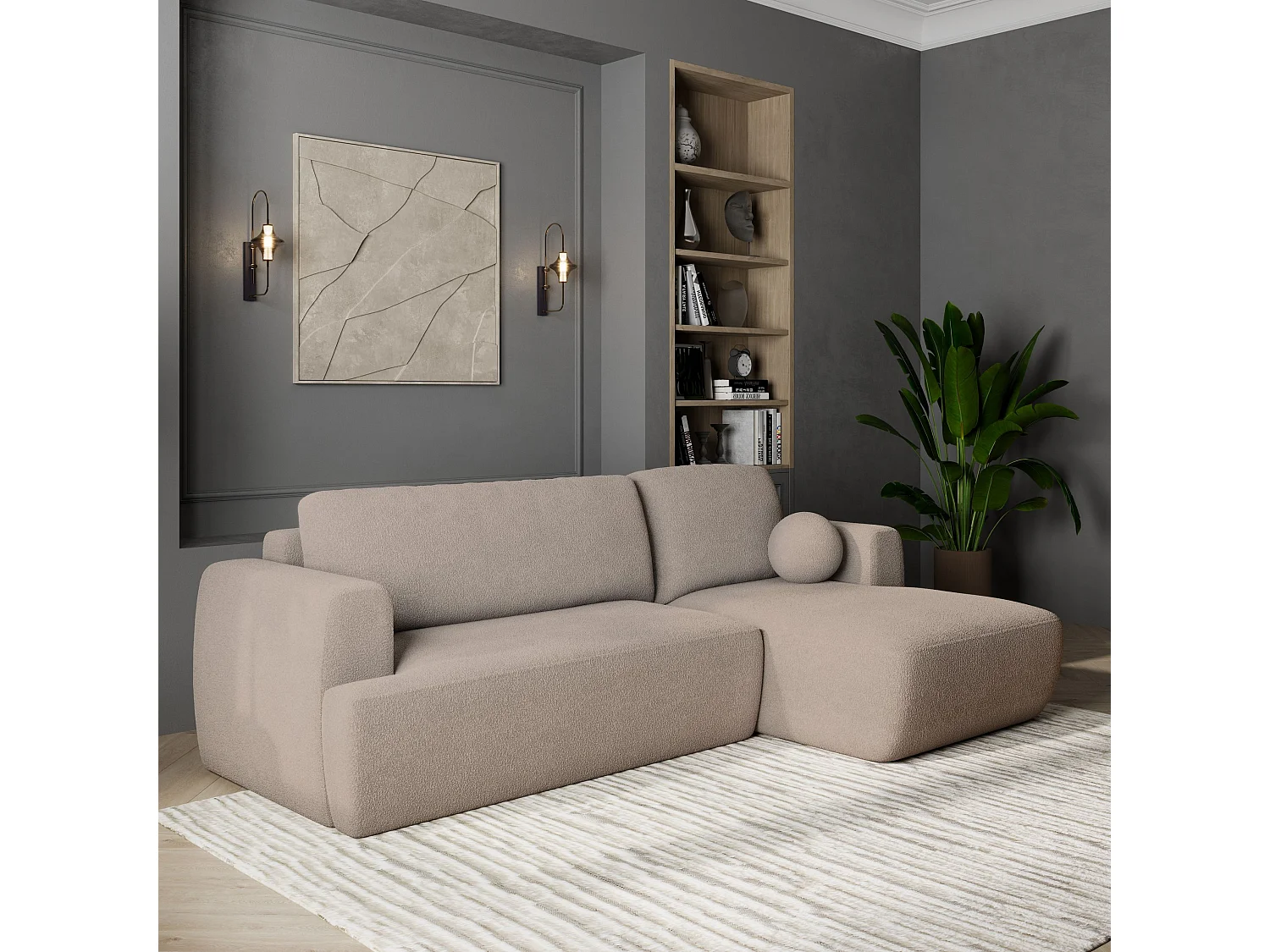 Canapé d'angle SENTI Beige en bouclé avec fonction de couchage
