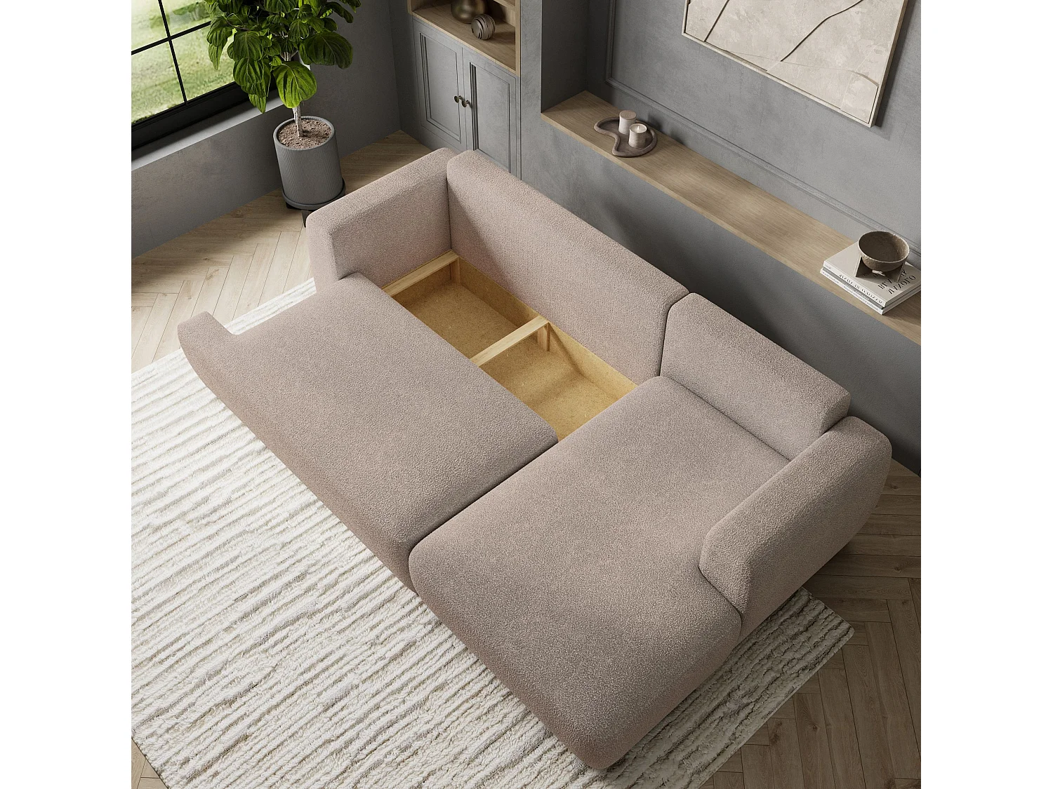 Canapé d'angle SENTI Beige en bouclé avec fonction de couchage
