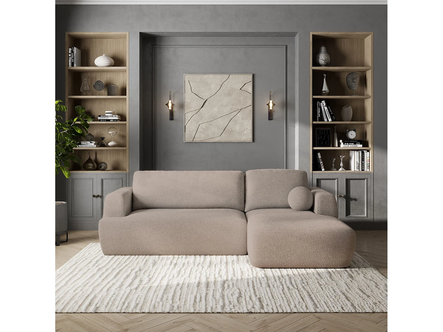 Canapé d'angle SENTI Beige en bouclé avec fonction de couchage