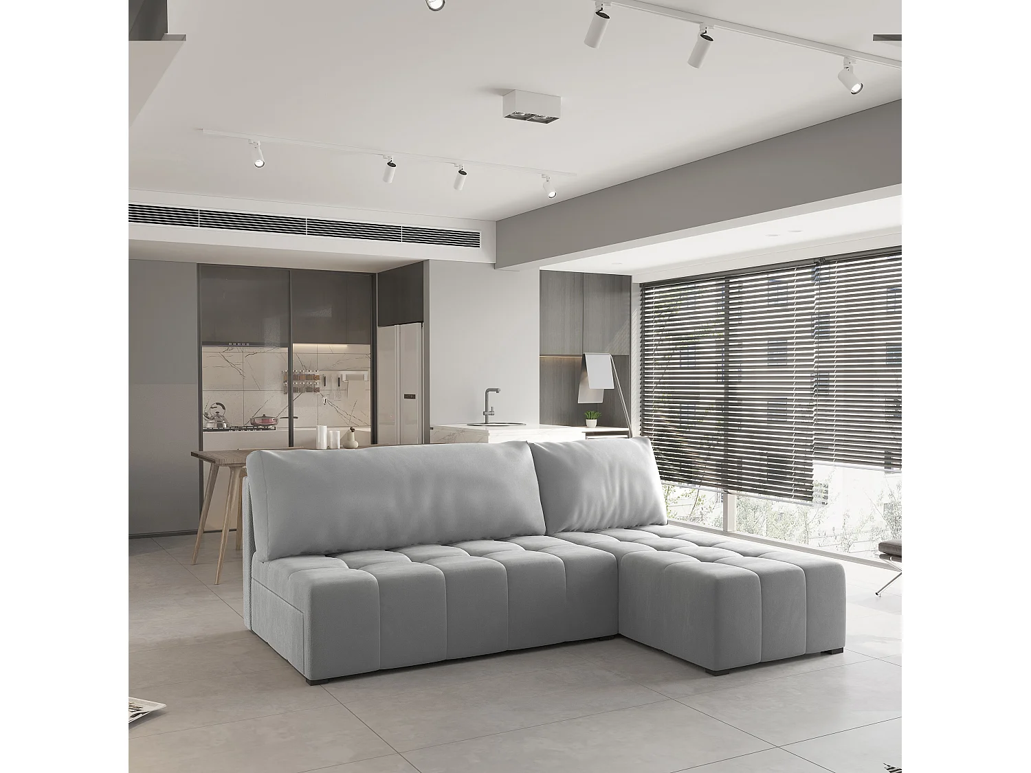 Canapé d'angle DOMIRA Gris clair en peluche avec fonction de couchage