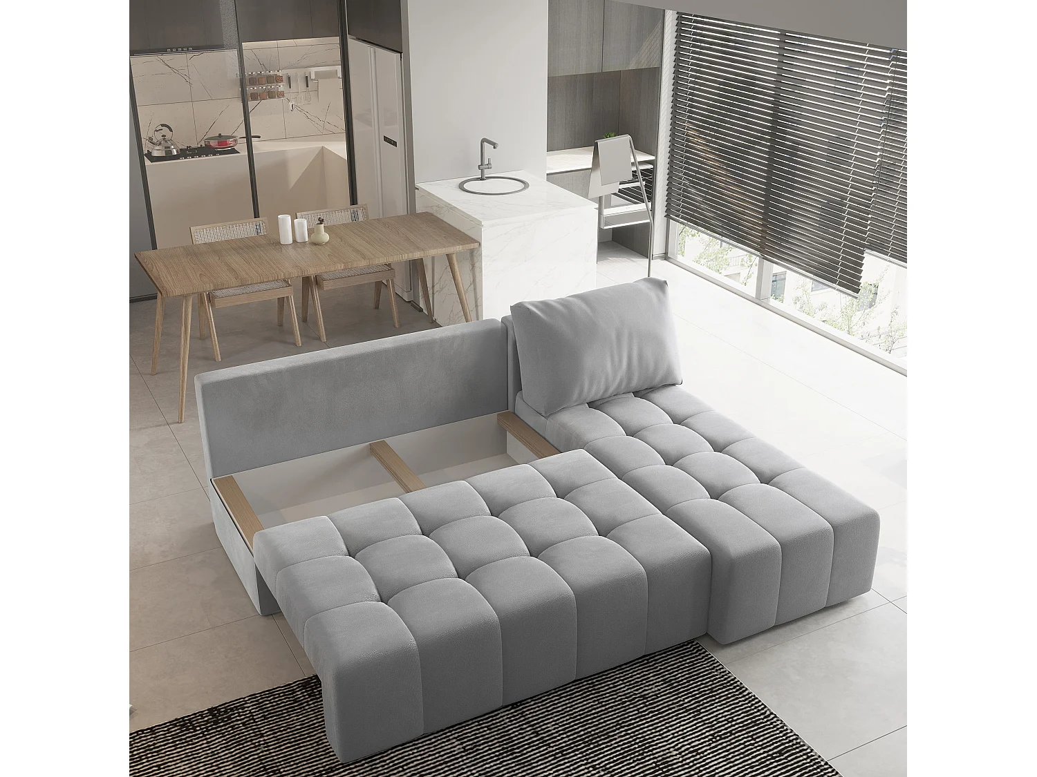 Canapé d'angle DOMIRA Gris clair en peluche avec fonction de couchage