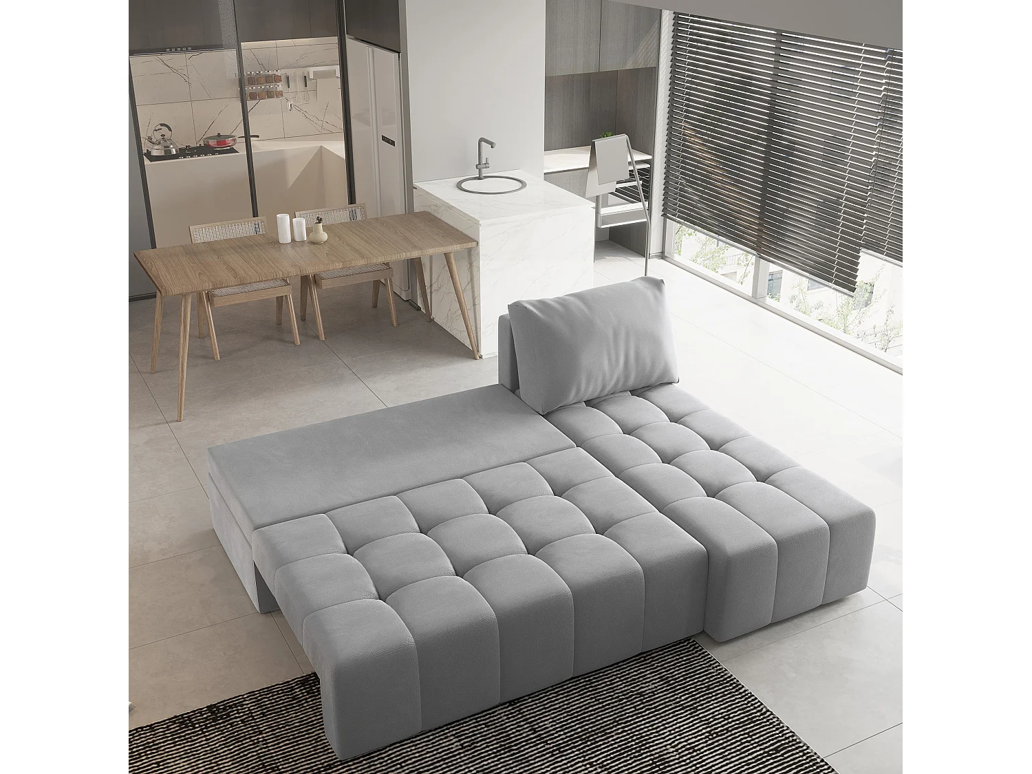 Canapé d'angle DOMIRA Gris clair en peluche avec fonction de couchage