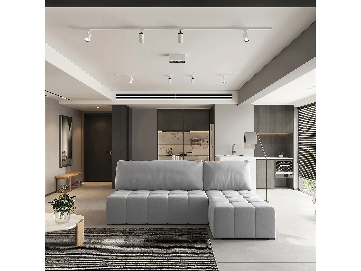 Canapé d'angle DOMIRA Gris clair en peluche avec fonction de couchage