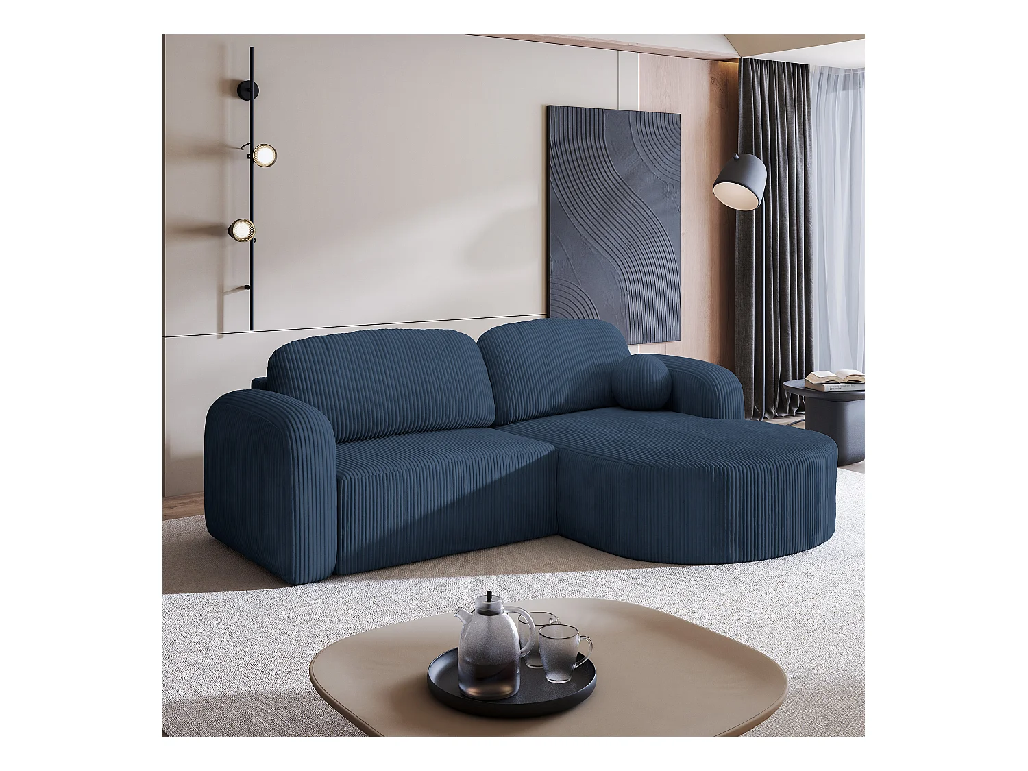 Canapé d'angle AMILIA Bleu en velours côtelé avec fonction de couchage