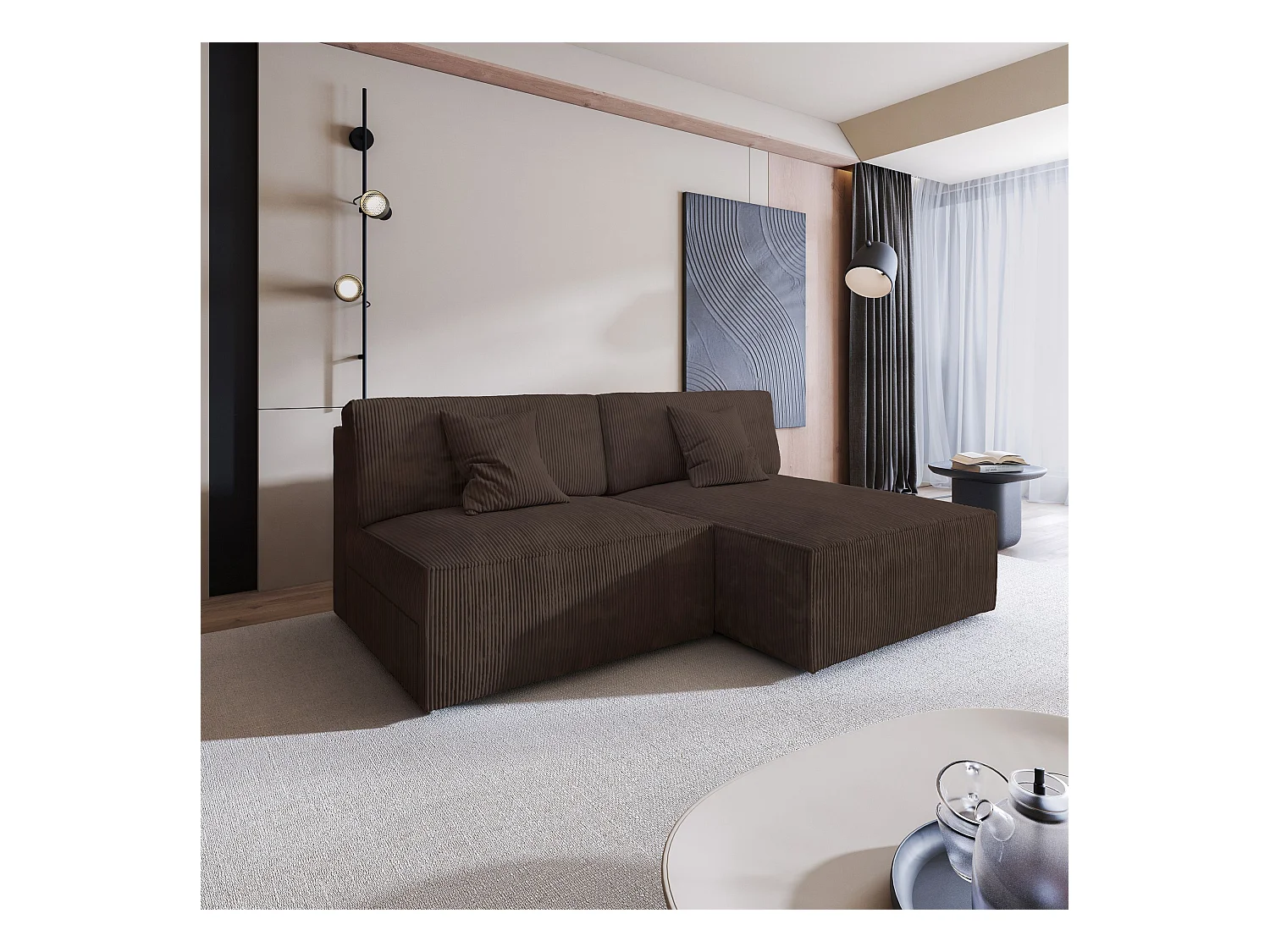 Canapé d'angle FIORO Marron en velours côtelé avec fonction de couchage