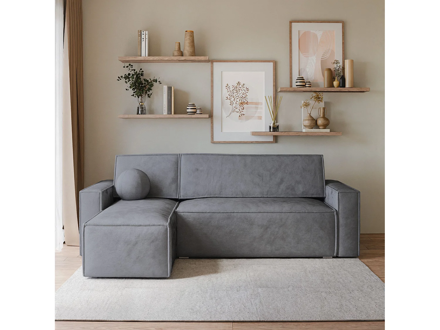 Canapé d'angle RAVELO Gris en velours avec fonction de couchage