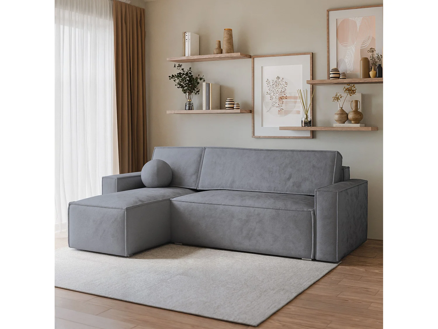 Canapé d'angle RAVELO Gris en velours avec fonction de couchage