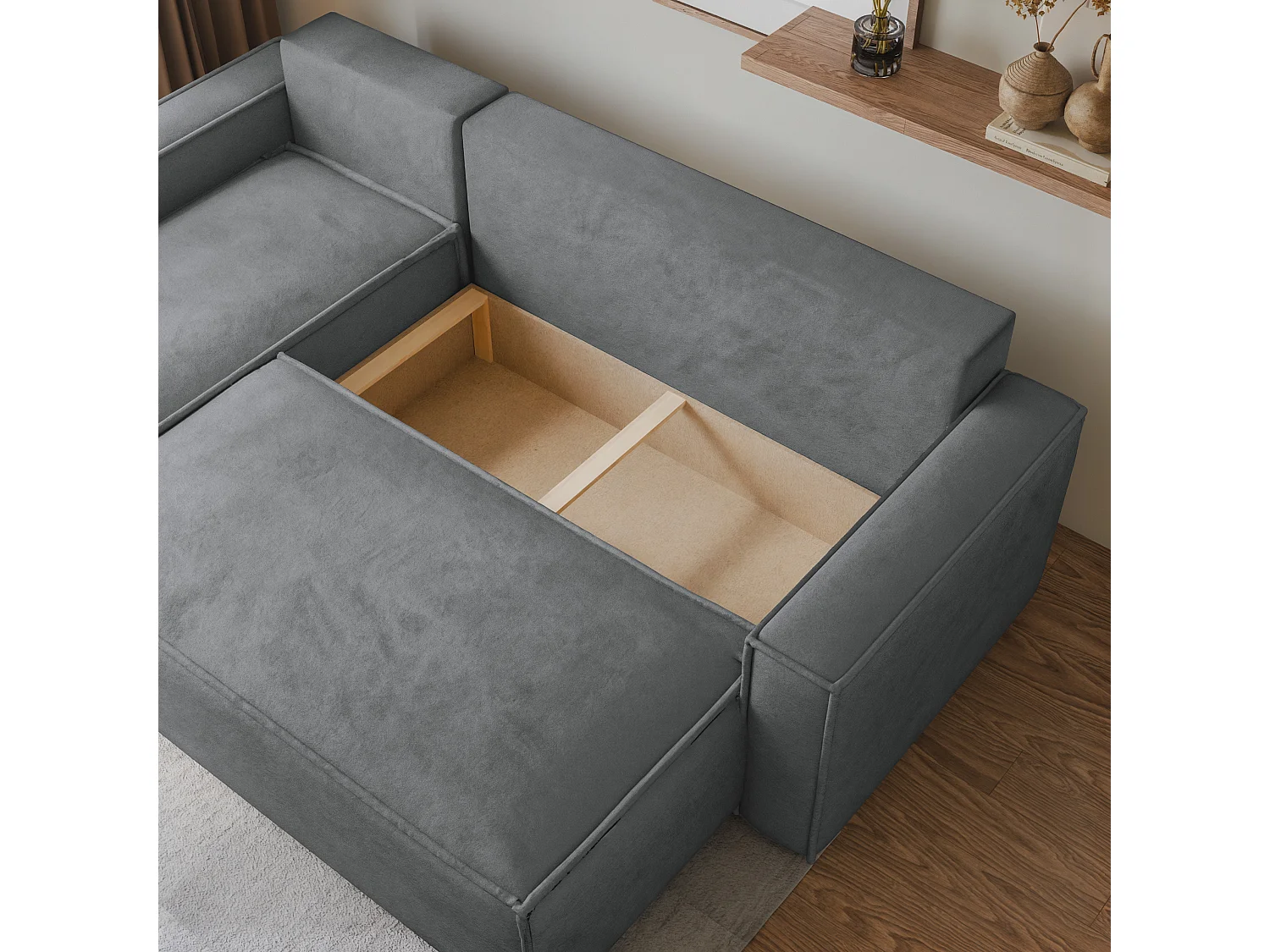 Canapé d'angle RAVELO Gris en velours avec fonction de couchage