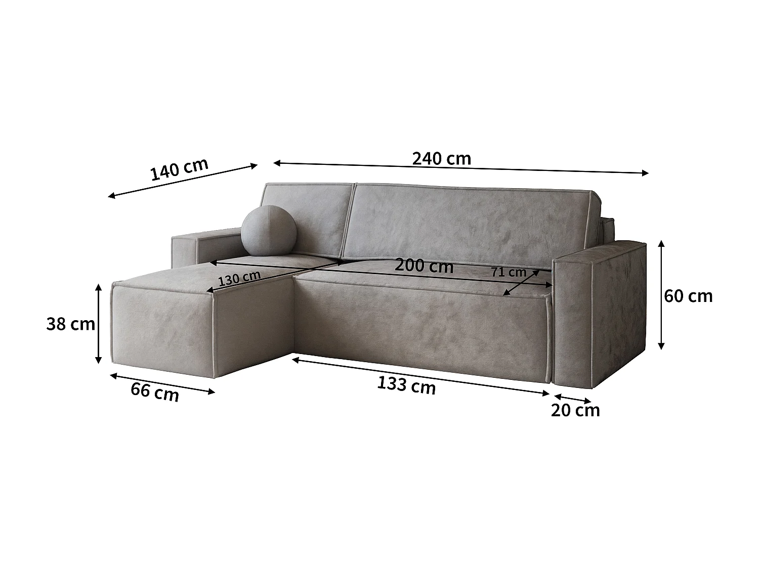 Canapé d'angle RAVELO Gris en velours avec fonction de couchage