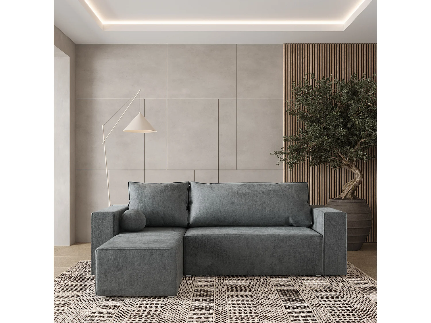 Canapé d'angle RAVELO Gris en velours avec fonction de couchage