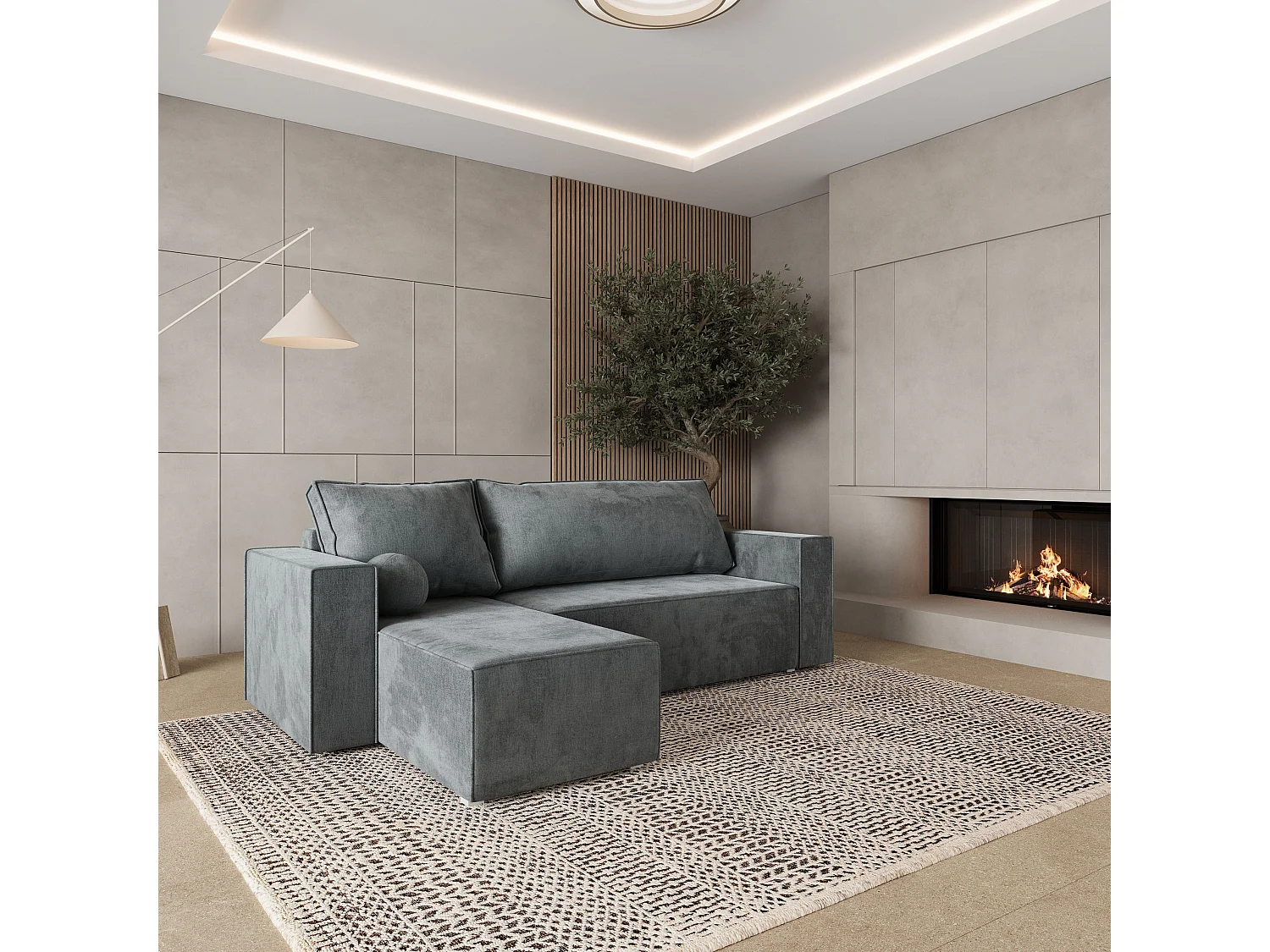 Canapé d'angle RAVELO Gris en velours avec fonction de couchage