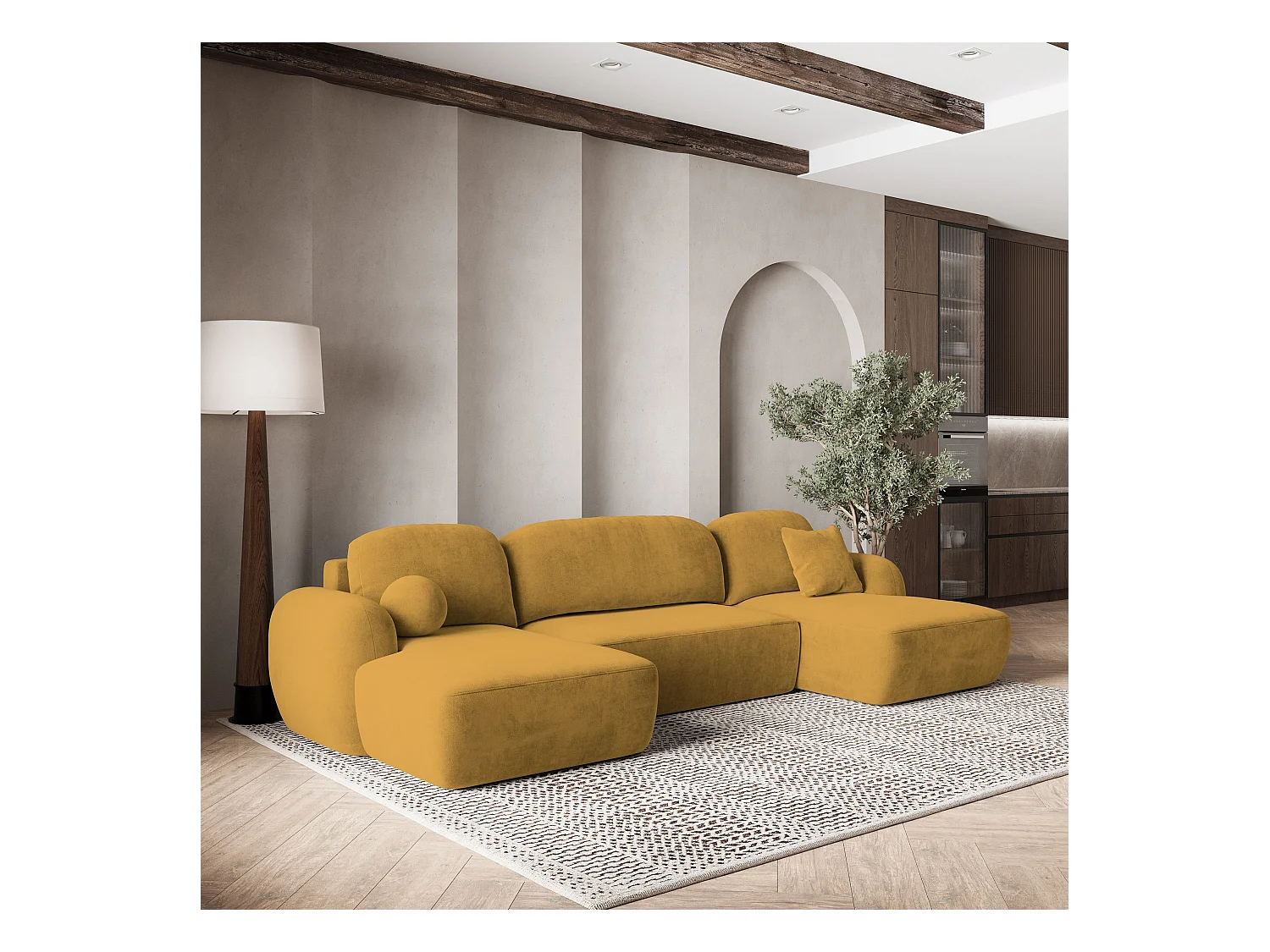 Canapé d'angle SAVONA Jaune en peluche avec fonction de couchage