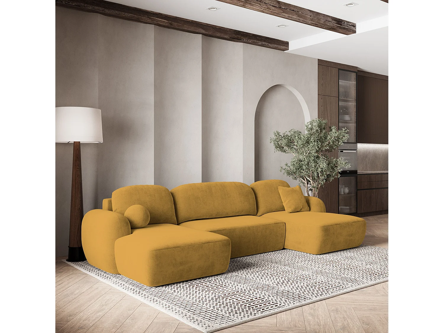 Canapé d'angle SAVONA Jaune en peluche avec fonction de couchage