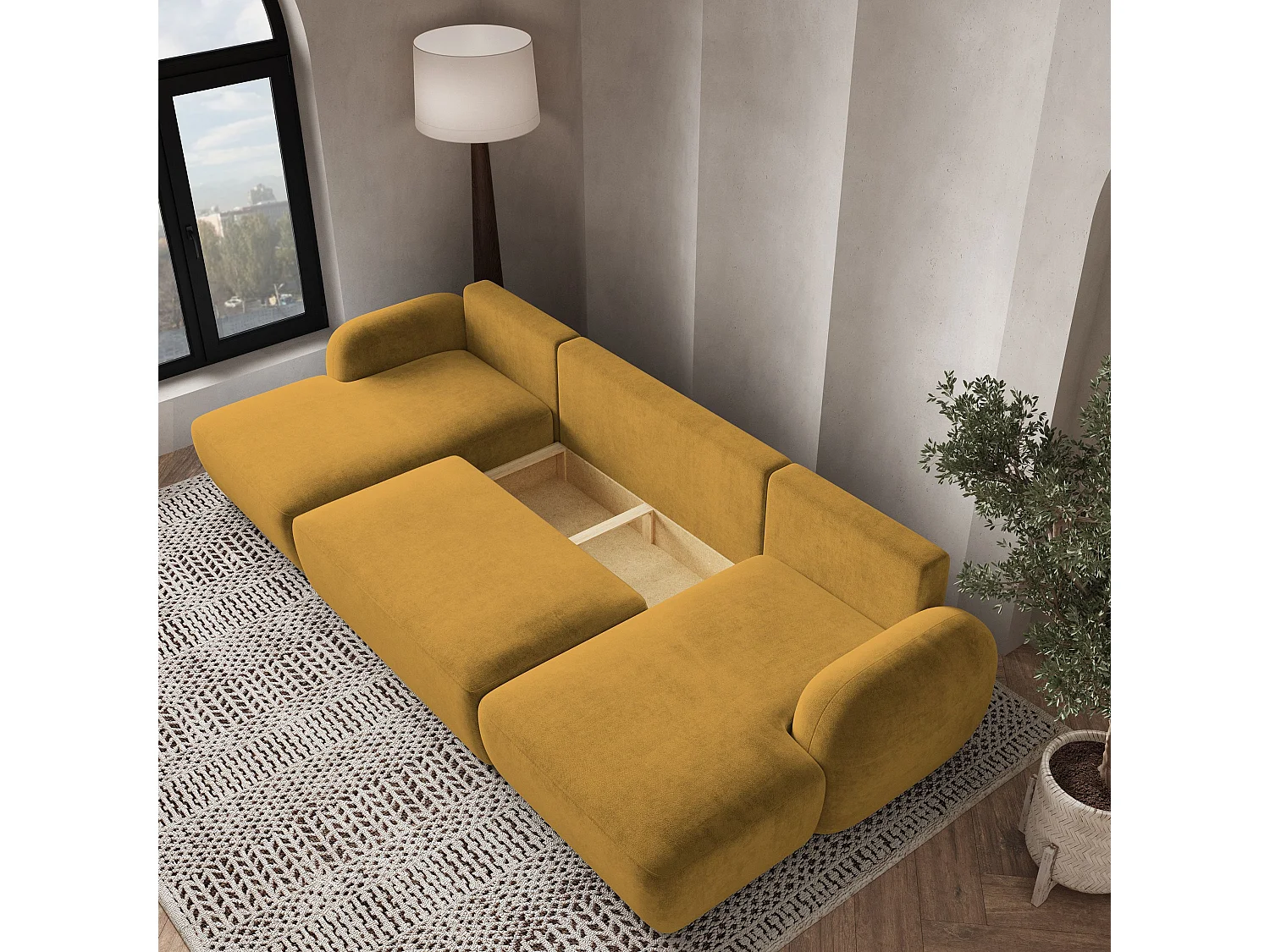 Canapé d'angle SAVONA Jaune en peluche avec fonction de couchage