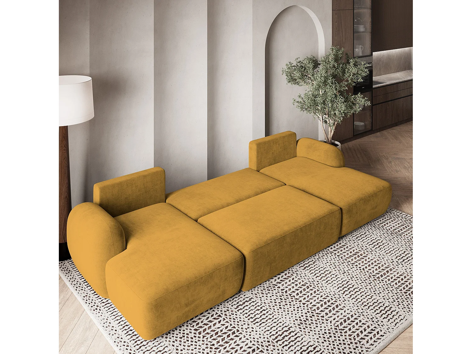 Canapé d'angle SAVONA Jaune en peluche avec fonction de couchage
