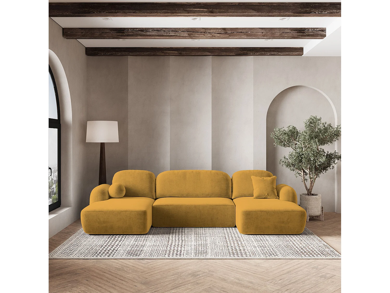 Canapé d'angle SAVONA Jaune en peluche avec fonction de couchage