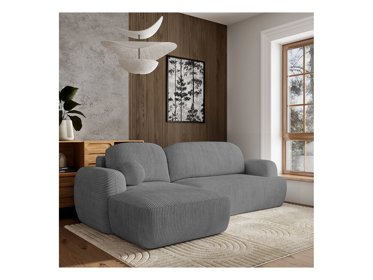 Canapé d'angle MODENZA Gris en velours côtelé avec fonction de couchage