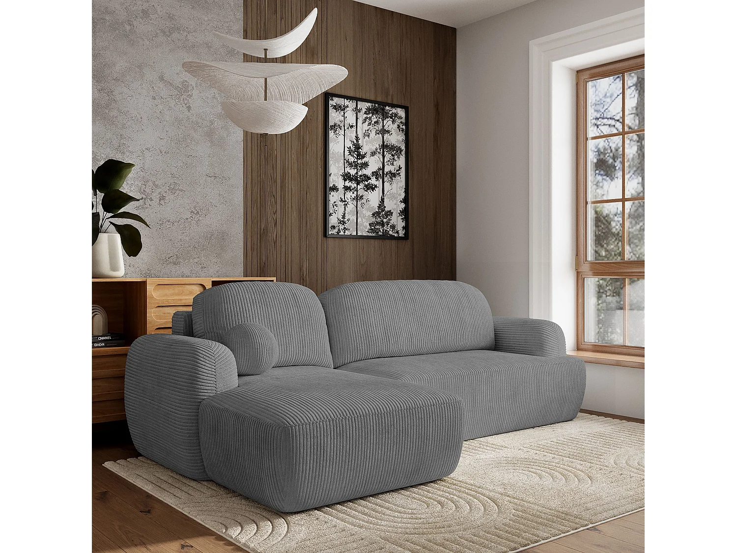 Canapé d'angle MODENZA Gris en velours côtelé avec fonction de couchage