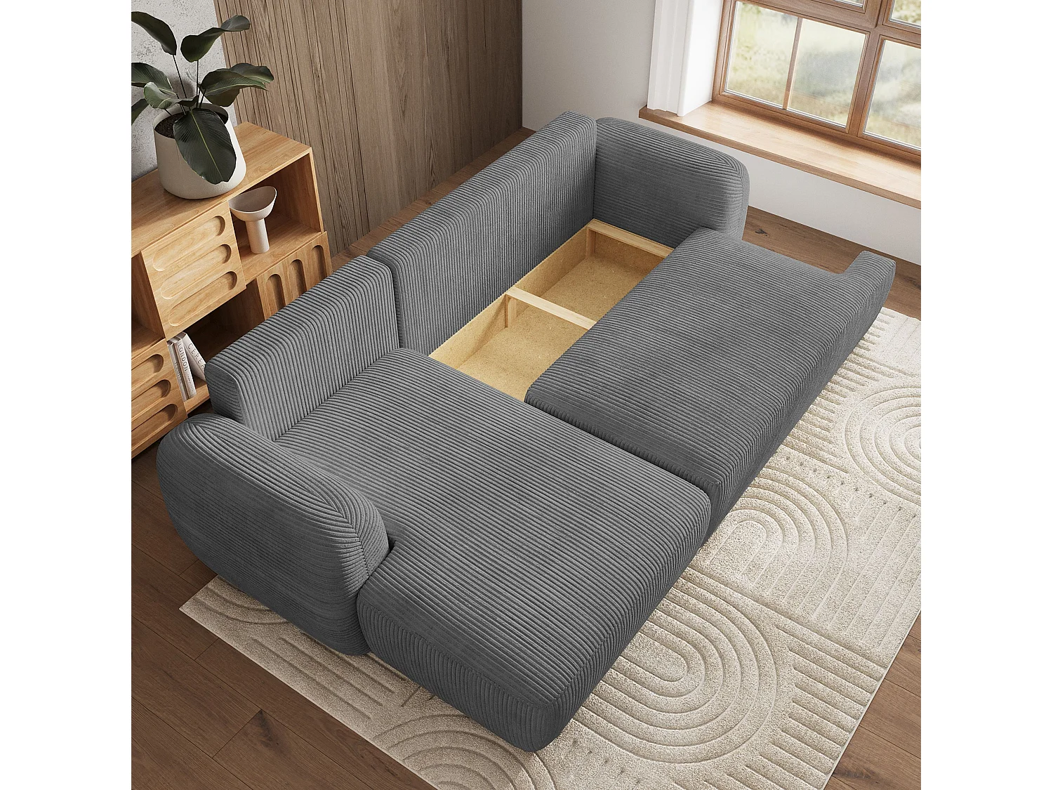 Canapé d'angle MODENZA Gris en velours côtelé avec fonction de couchage