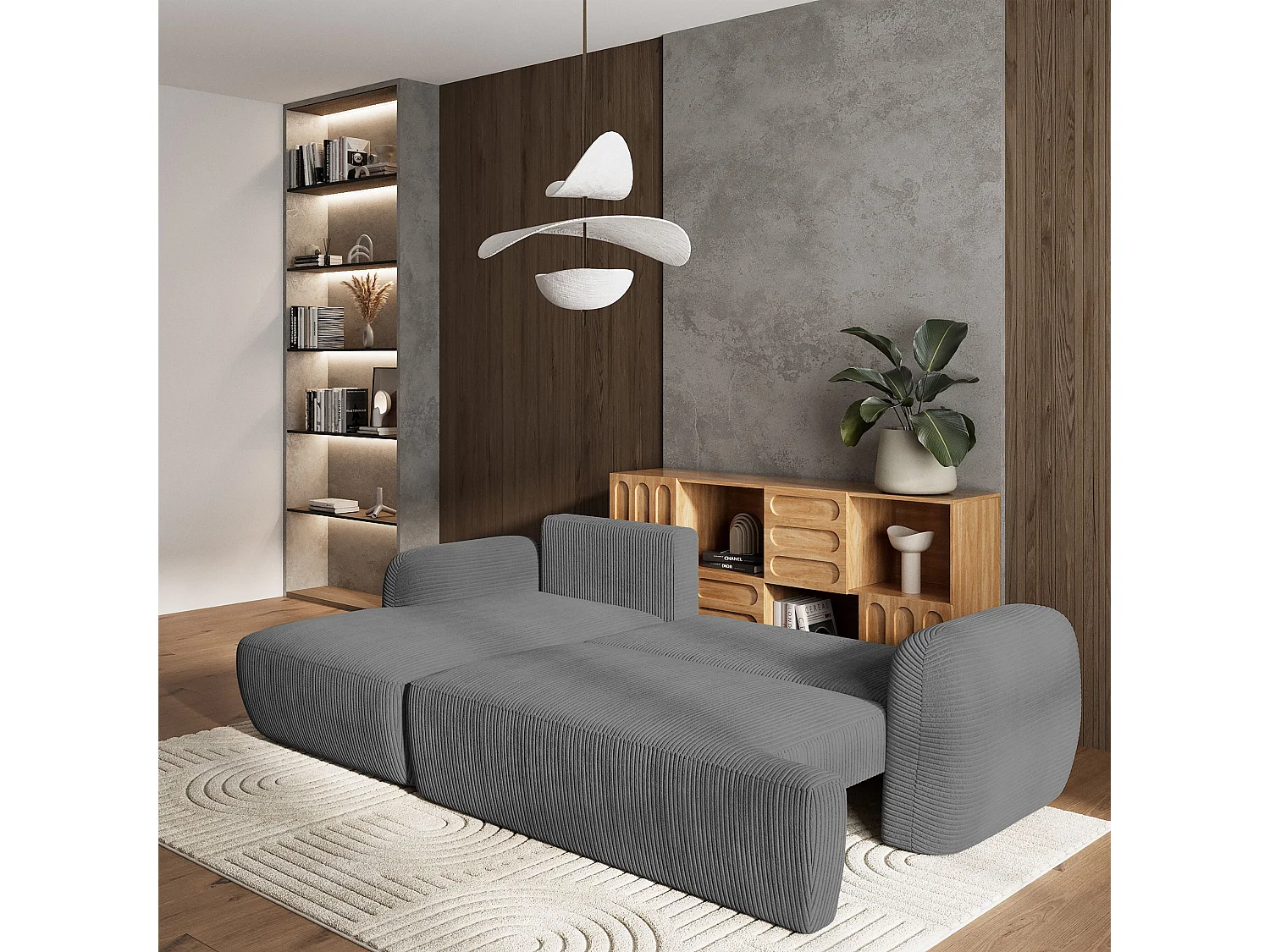 Canapé d'angle MODENZA Gris en velours côtelé avec fonction de couchage