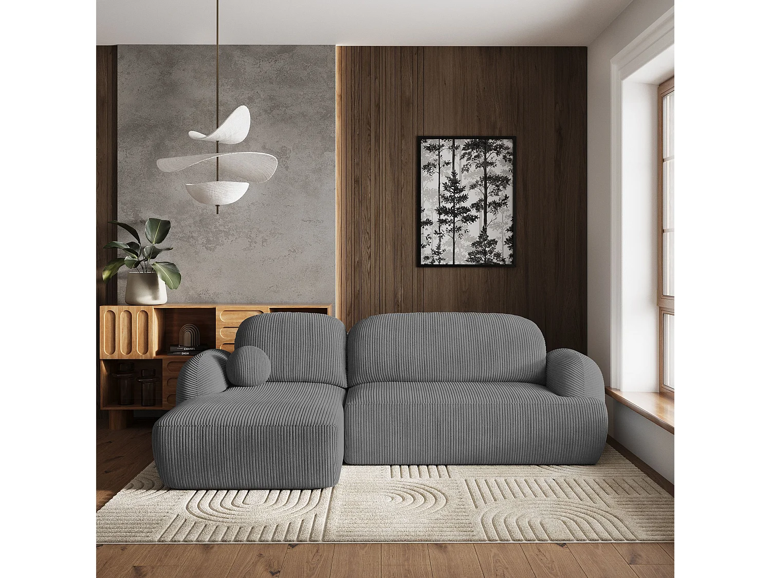 Canapé d'angle MODENZA Gris en velours côtelé avec fonction de couchage