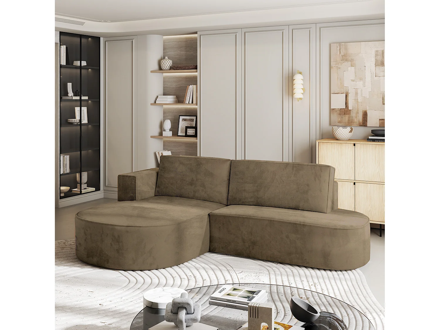 Canapé d'angle CORTIO Beige en velours avec fonction de couchage