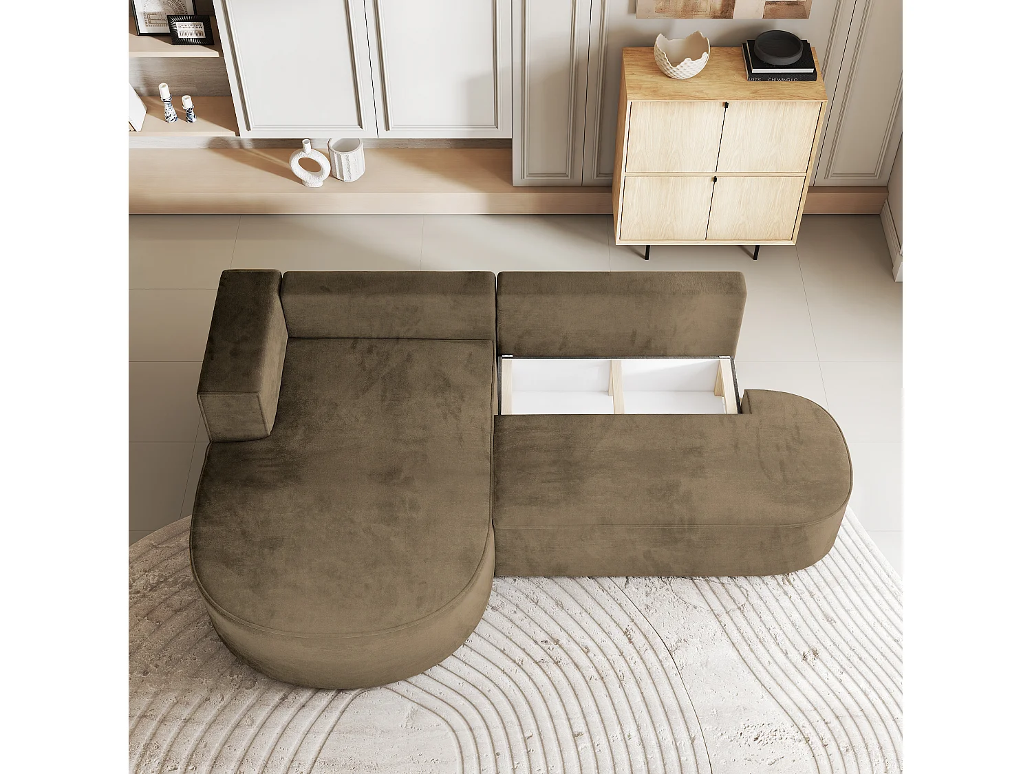Canapé d'angle CORTIO Beige en velours avec fonction de couchage