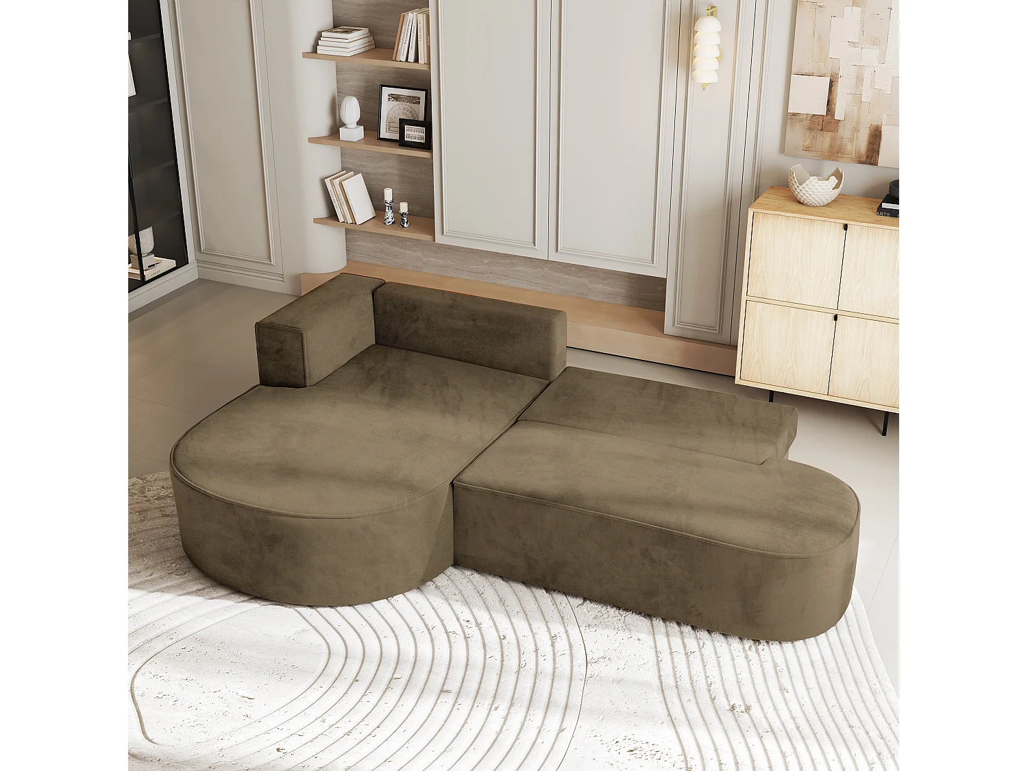 Canapé d'angle CORTIO Beige en velours avec fonction de couchage