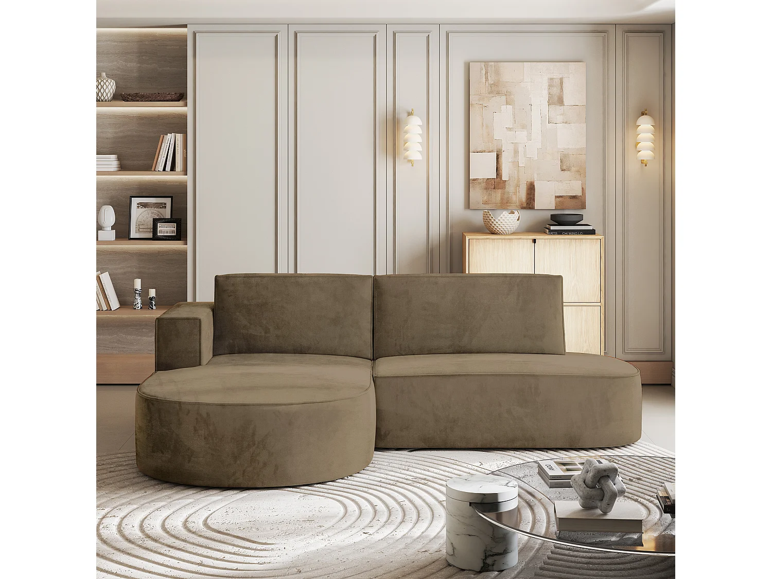 Canapé d'angle CORTIO Beige en velours avec fonction de couchage