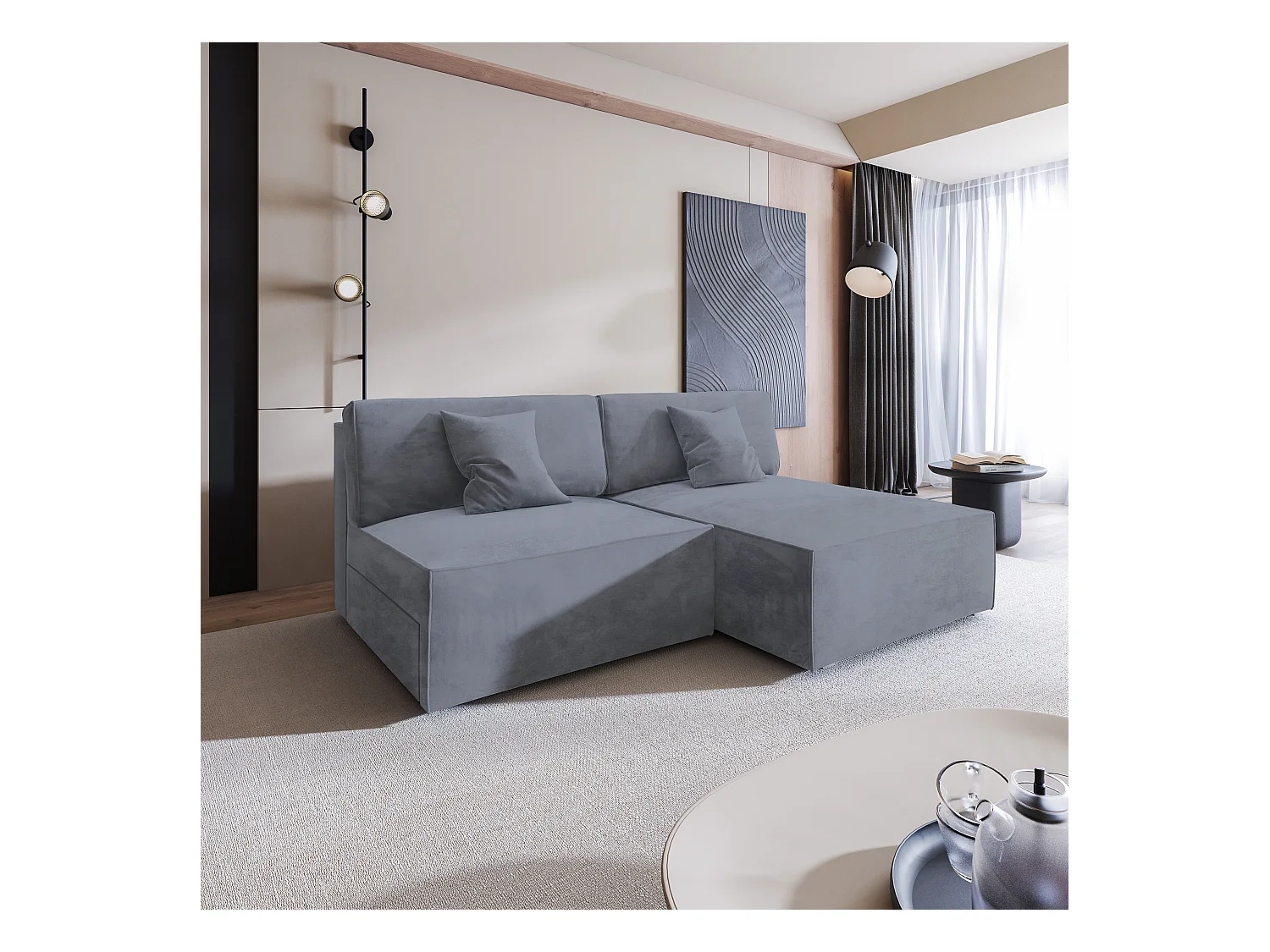 Canapé d'angle FIORO Gris en velours avec fonction de couchage