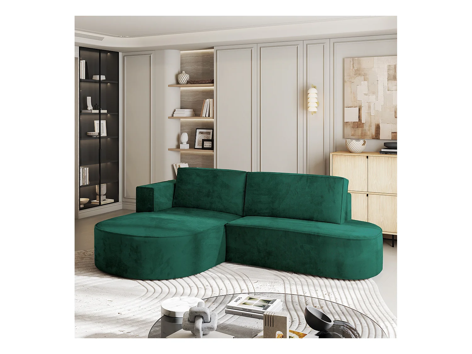 Canapé d'angle CORTIO Vert Sapin en velours avec fonction de couchage