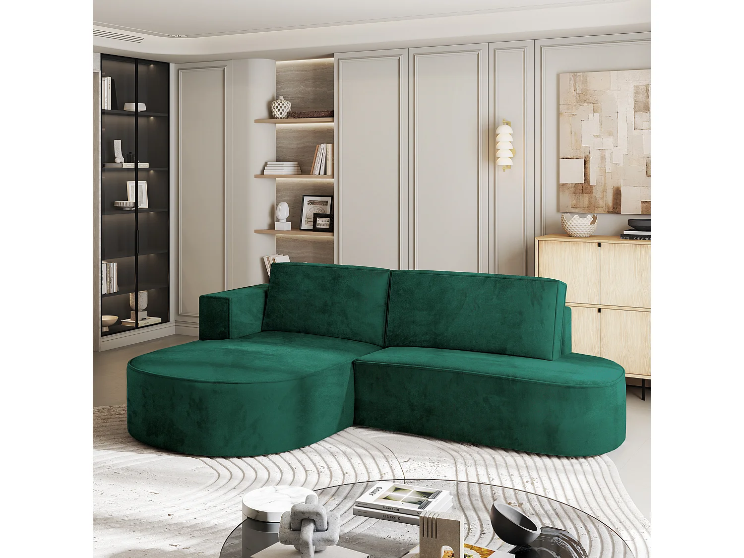 Canapé d'angle CORTIO Vert Sapin en velours avec fonction de couchage