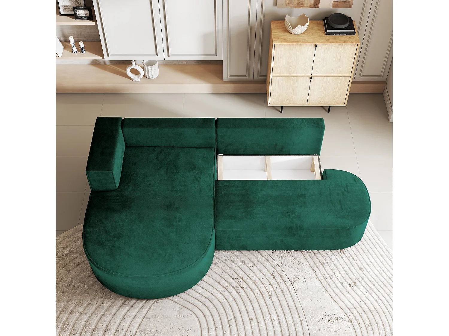 Canapé d'angle CORTIO Vert Sapin en velours avec fonction de couchage