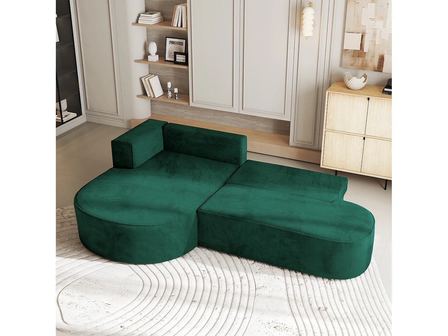 Canapé d'angle CORTIO Vert Sapin en velours avec fonction de couchage