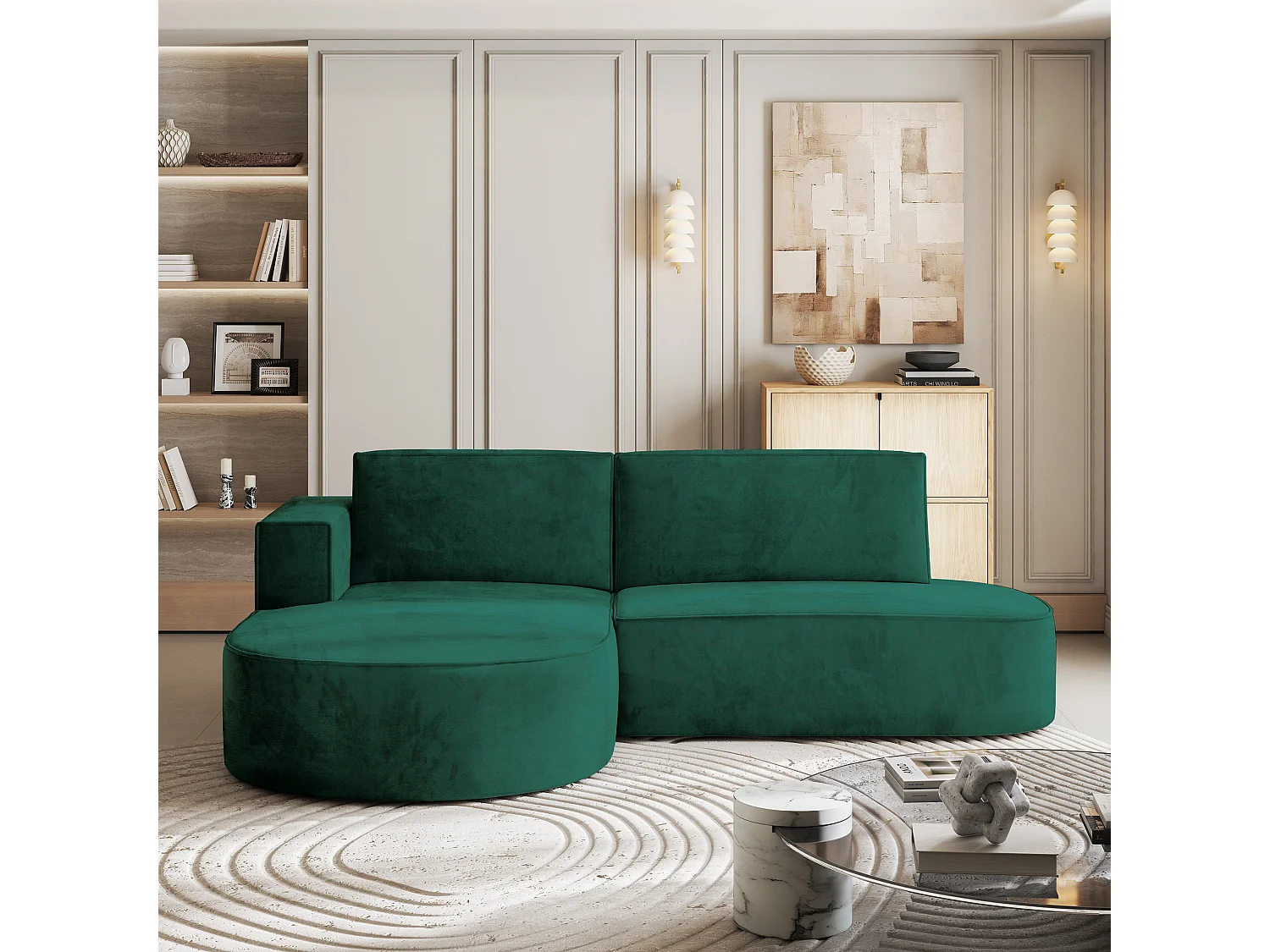Canapé d'angle CORTIO Vert Sapin en velours avec fonction de couchage