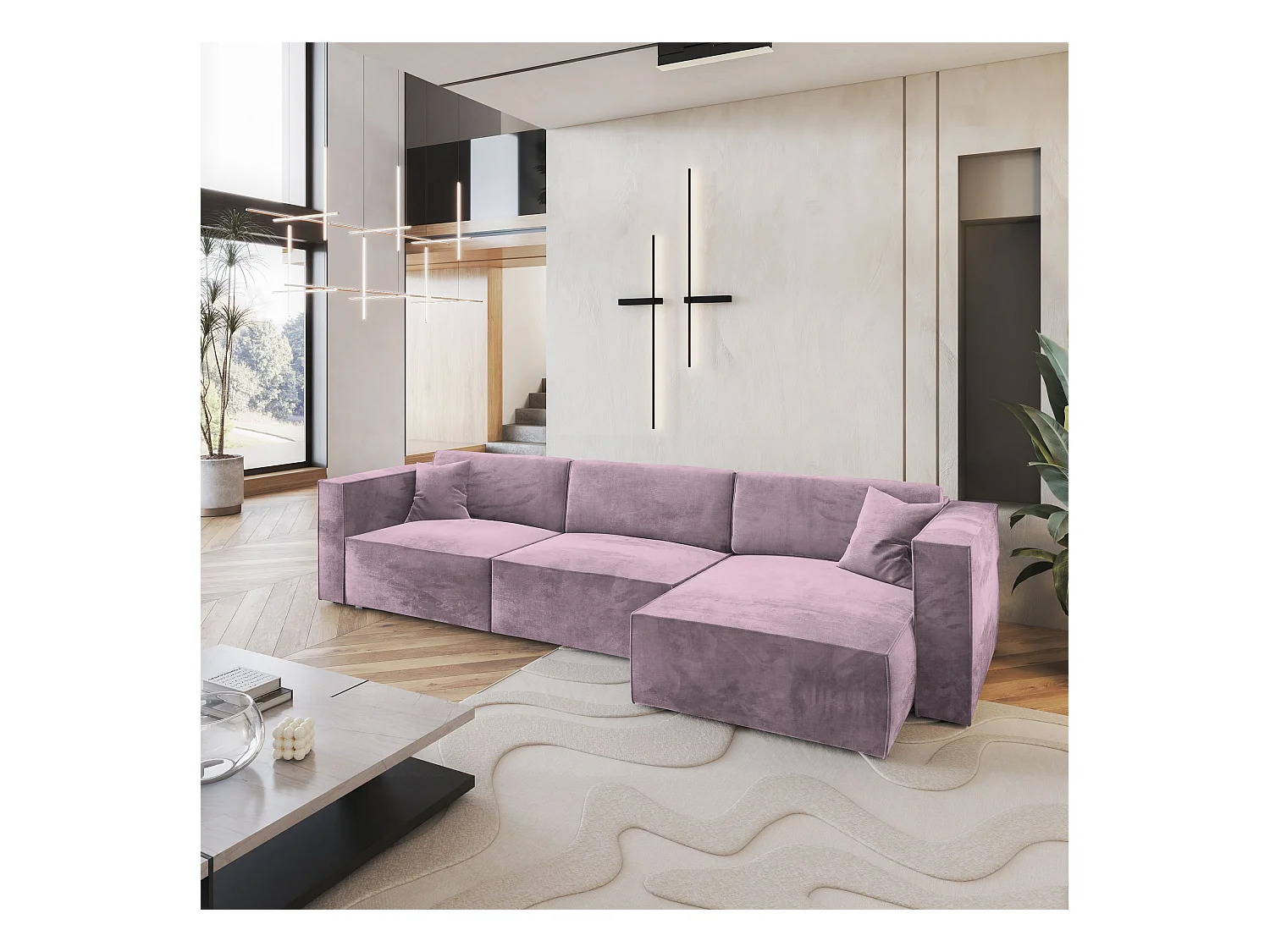 Canapé d'angle TOLMO Parme en velours avec fonction de couchage