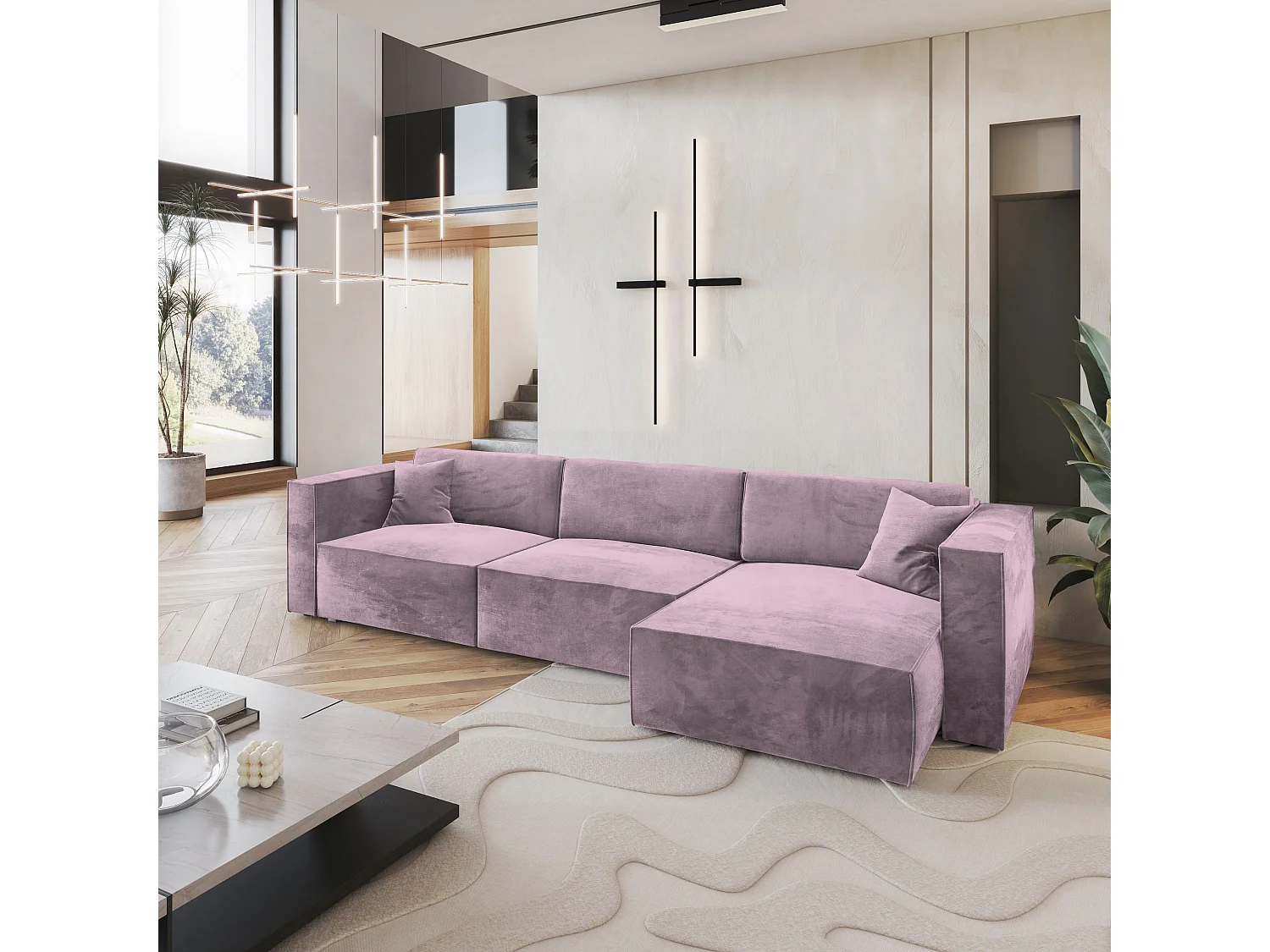 Canapé d'angle TOLMO Parme en velours avec fonction de couchage